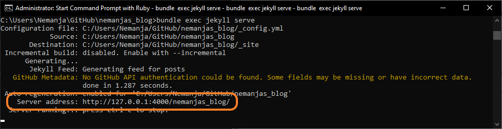 bundle exec jekyll serve console output